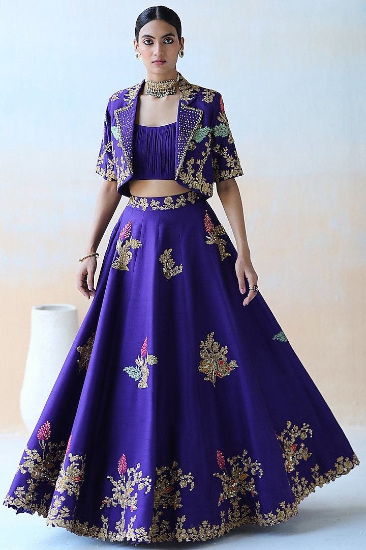 Purple Embroidered Lehenga Set by AMAN TAKYAR