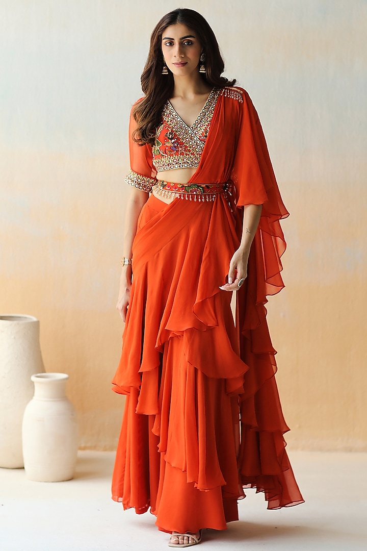 Fire Rust Embroidered Pre-Stitched Saree Set by AMAN TAKYAR