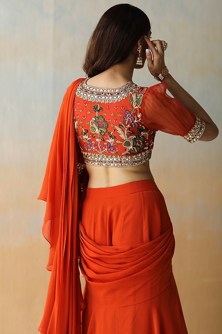Fire Rust Embroidered Pre-Stitched Wedding Saree Set by AMAN TAKYAR at Pernia's Pop Up Shop