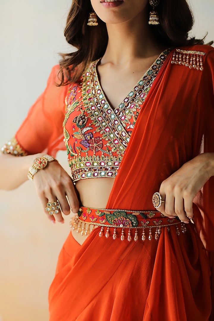 Fire Rust Embroidered Pre-Stitched Wedding Saree Set by AMAN TAKYAR at Pernia's Pop Up Shop