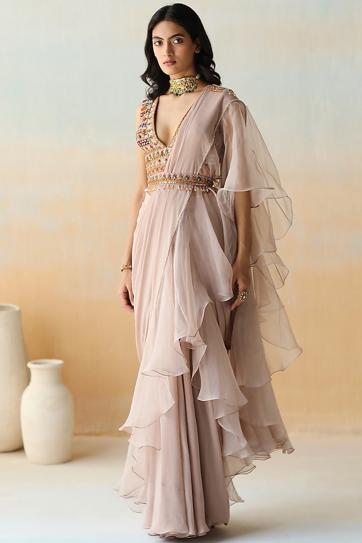 Light Beige Embroidered Pre-Stitched Saree Set by AMAN TAKYAR at Pernia's Pop Up Shop