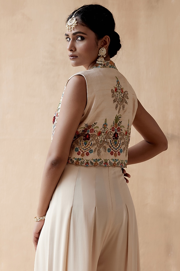 Ivory Raw Silk & Georgette Embellished Jumpsuit With Jacket by AMAN TAKYAR at Pernia's Pop Up Shop