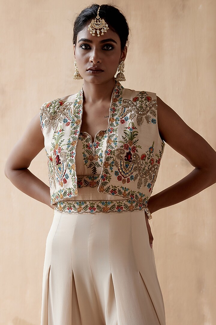 Ivory Raw Silk & Georgette Embellished Jumpsuit With Jacket by AMAN TAKYAR at Pernia's Pop Up Shop