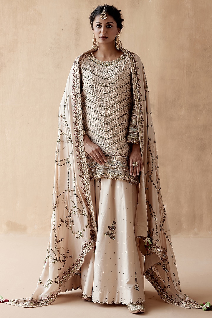 Ivory Dupion Silk & Organza Bridal Sharara Set by AMAN TAKYAR at Pernia's Pop Up Shop