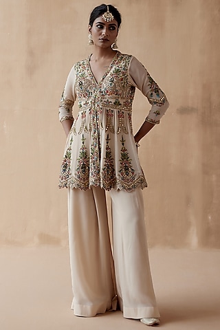 Ivory Pure Georgette Sharara Set by AMAN TAKYAR