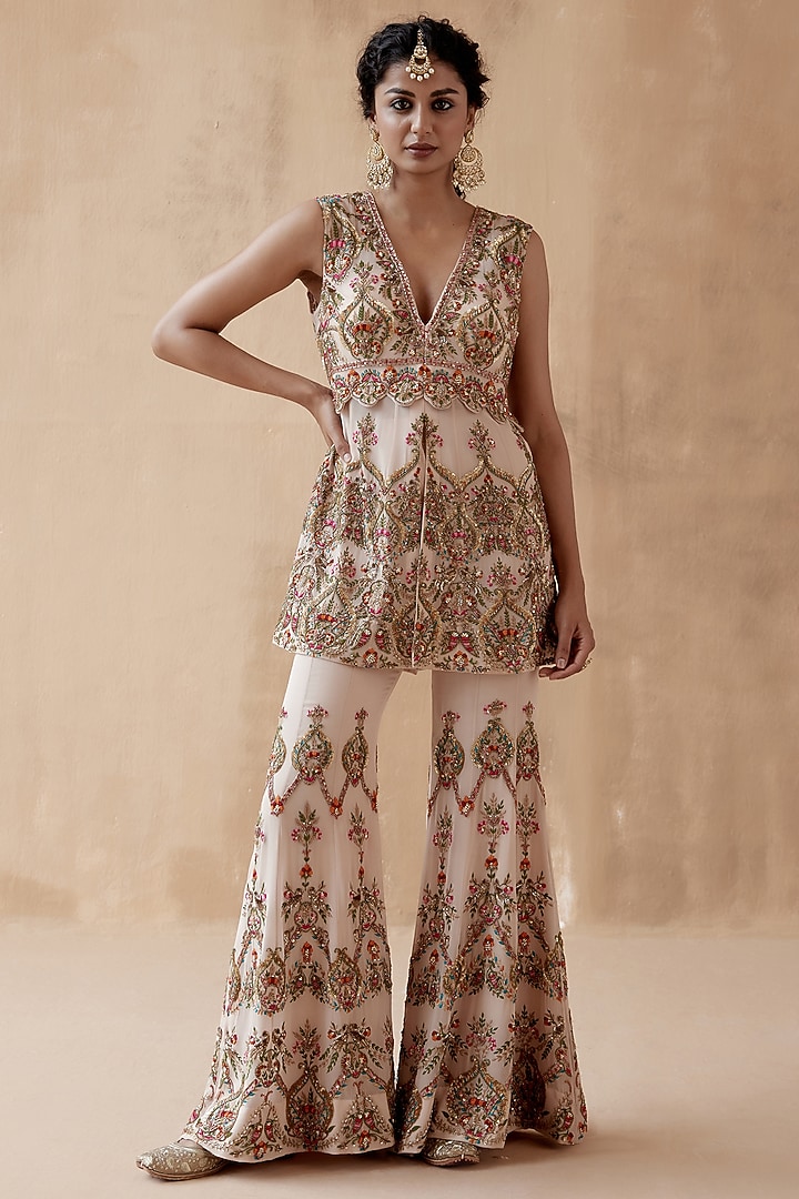 Beige Pure Georgette Embellished Bridal Sharara Set by AMAN TAKYAR at Pernia's Pop Up Shop