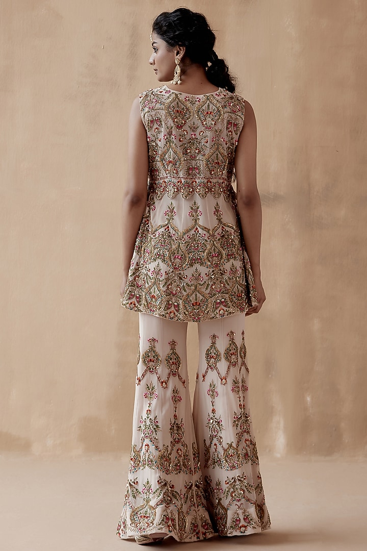 Beige Pure Georgette Embellished Bridal Sharara Set by AMAN TAKYAR at Pernia's Pop Up Shop