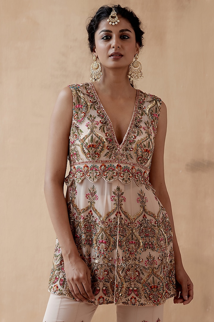Beige Pure Georgette Embellished Bridal Sharara Set by AMAN TAKYAR at Pernia's Pop Up Shop