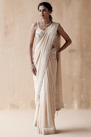 Ivory Pure Georgette Embellished Saree Set by AMAN TAKYAR