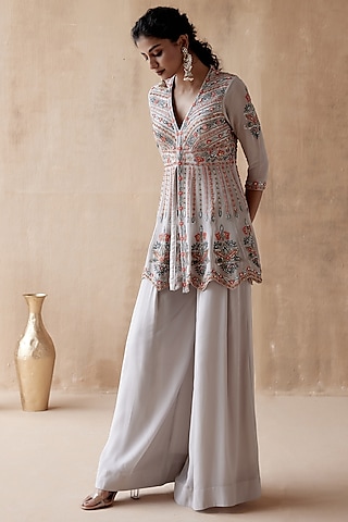 Grey Pure Georgette Sharara Set by AMAN TAKYAR