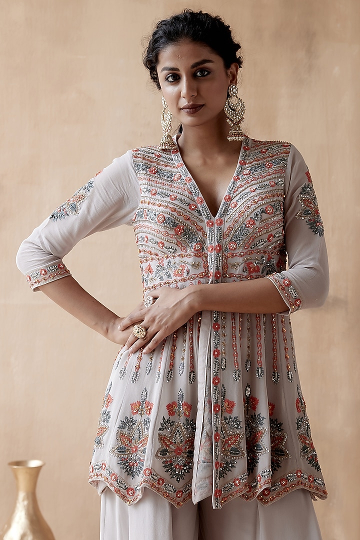 Grey Pure Georgette Wedding Sharara Set by AMAN TAKYAR at Pernia's Pop Up Shop