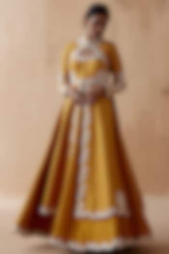 Mustard Raw Silk & Georgette Embellished Jacket Set by AMAN TAKYAR at Pernia's Pop Up Shop