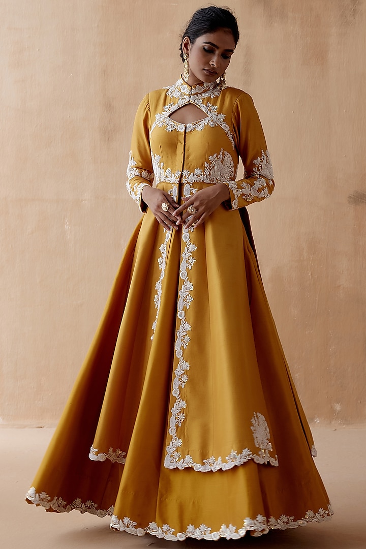 Mustard Raw Silk & Georgette Embellished Jacket Set by AMAN TAKYAR at Pernia's Pop Up Shop
