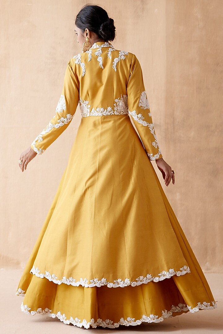 Mustard Raw Silk & Georgette Embellished Jacket Set by AMAN TAKYAR at Pernia's Pop Up Shop