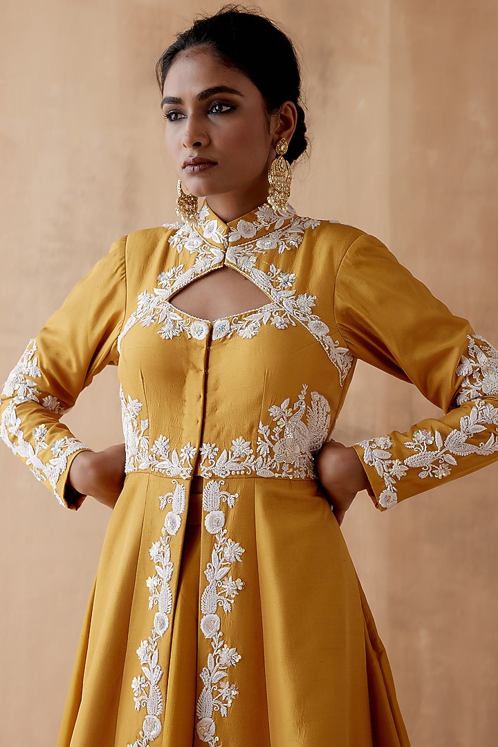 Mustard Raw Silk & Georgette Embellished Jacket Set by AMAN TAKYAR at Pernia's Pop Up Shop