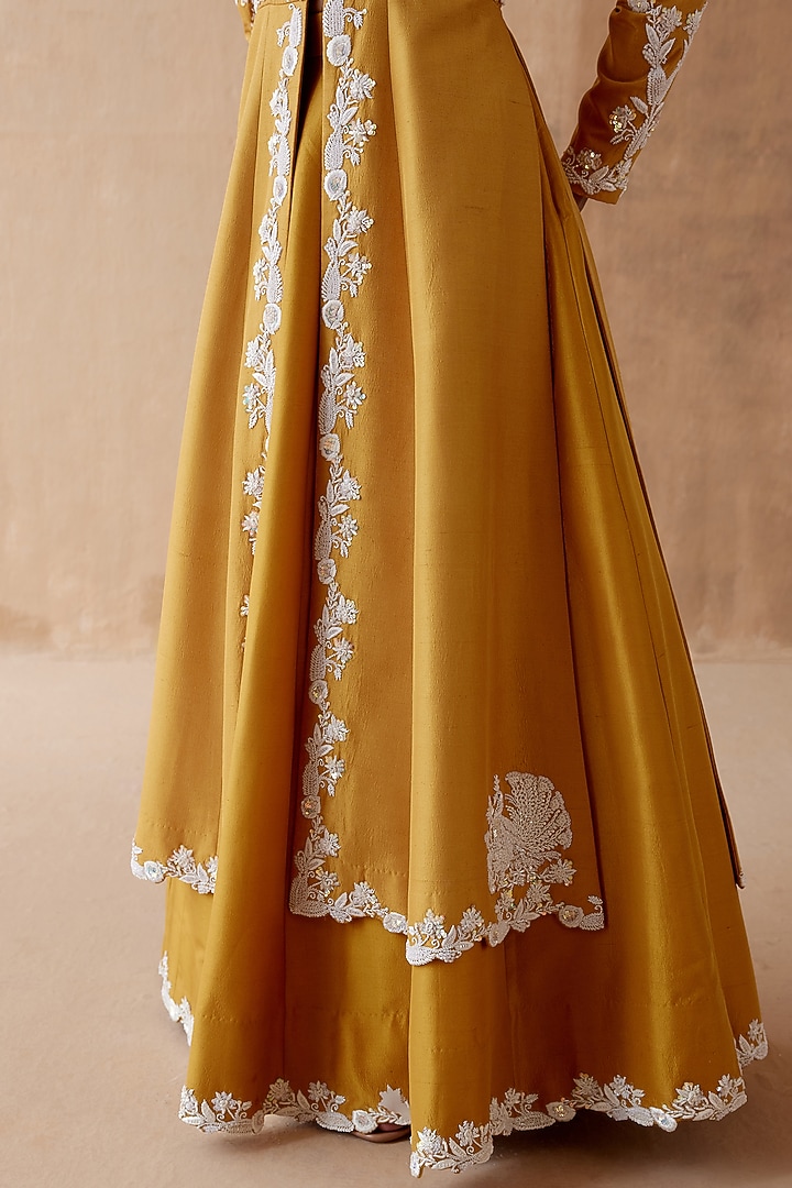 Mustard Raw Silk & Georgette Embellished Jacket Set by AMAN TAKYAR at Pernia's Pop Up Shop