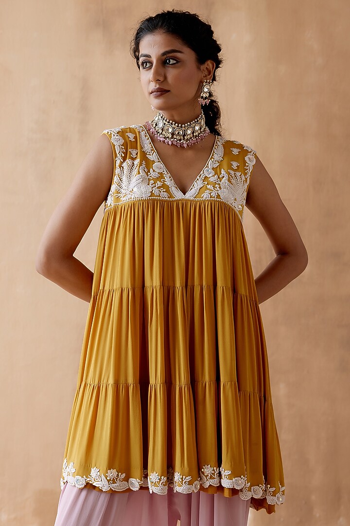 Mustard Pure Georgette Embellished Kurta Set by AMAN TAKYAR at Pernia's Pop Up Shop