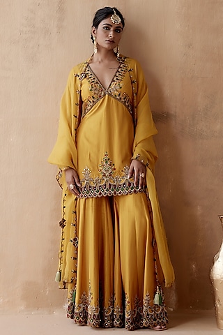 Mustard Dupion Silk & Organza Embellished Sharara Set by AMAN TAKYAR
