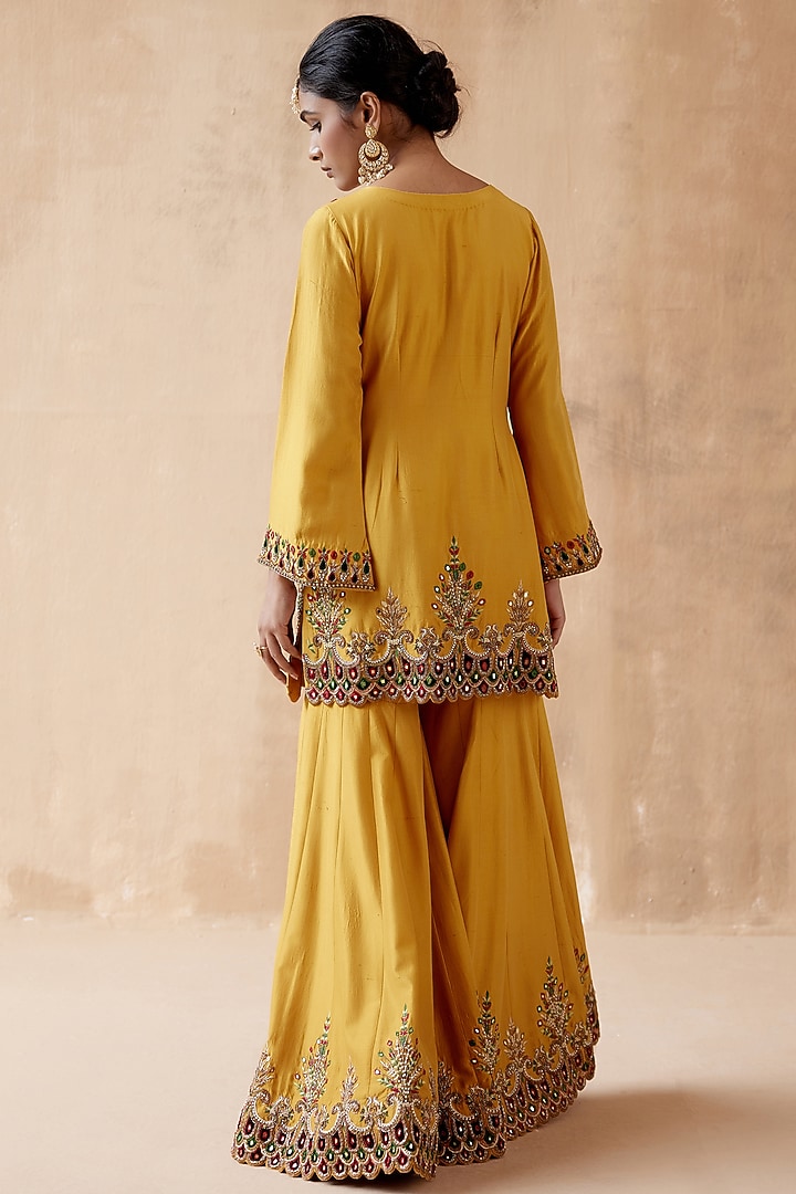 Mustard Dupion Silk & Organza Embellished Bridal Sharara Set by AMAN TAKYAR at Pernia's Pop Up Shop