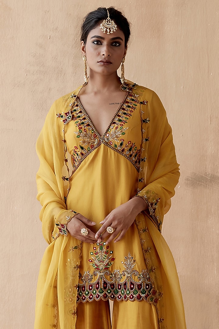 Mustard Dupion Silk & Organza Embellished Bridal Sharara Set by AMAN TAKYAR at Pernia's Pop Up Shop