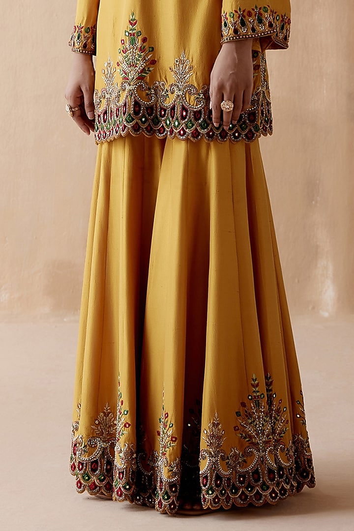 Mustard Dupion Silk & Organza Embellished Bridal Sharara Set by AMAN TAKYAR at Pernia's Pop Up Shop