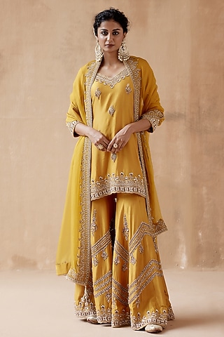 Mustard Dupion Silk & Organza Embellished Sharara Set by AMAN TAKYAR