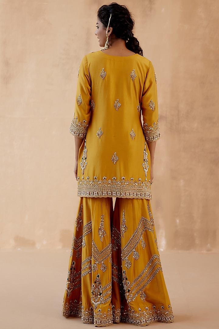 Mustard Dupion Silk & Organza Embellished Bridal Sharara Set by AMAN TAKYAR at Pernia's Pop Up Shop