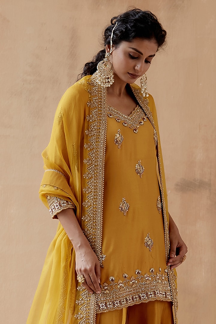 Mustard Dupion Silk & Organza Embellished Bridal Sharara Set by AMAN TAKYAR at Pernia's Pop Up Shop