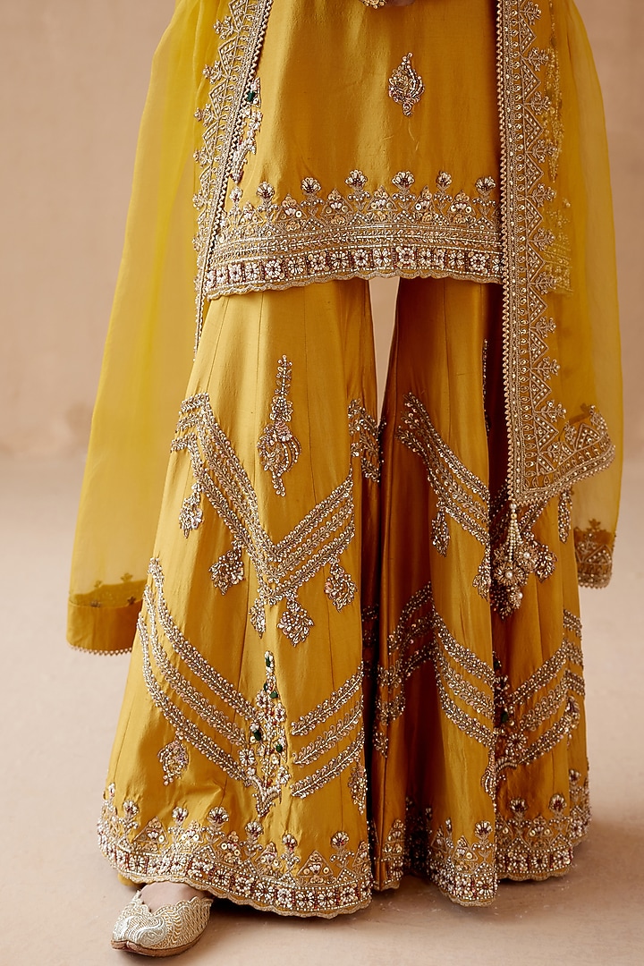 Mustard Dupion Silk & Organza Embellished Bridal Sharara Set by AMAN TAKYAR at Pernia's Pop Up Shop