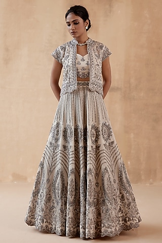 Grey Pure Organza Embellished Jacket Lehenga Set by AMAN TAKYAR