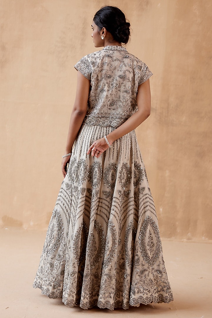 Grey Pure Organza Embellished Jacket Bridal Lehenga Set by AMAN TAKYAR at Pernia's Pop Up Shop