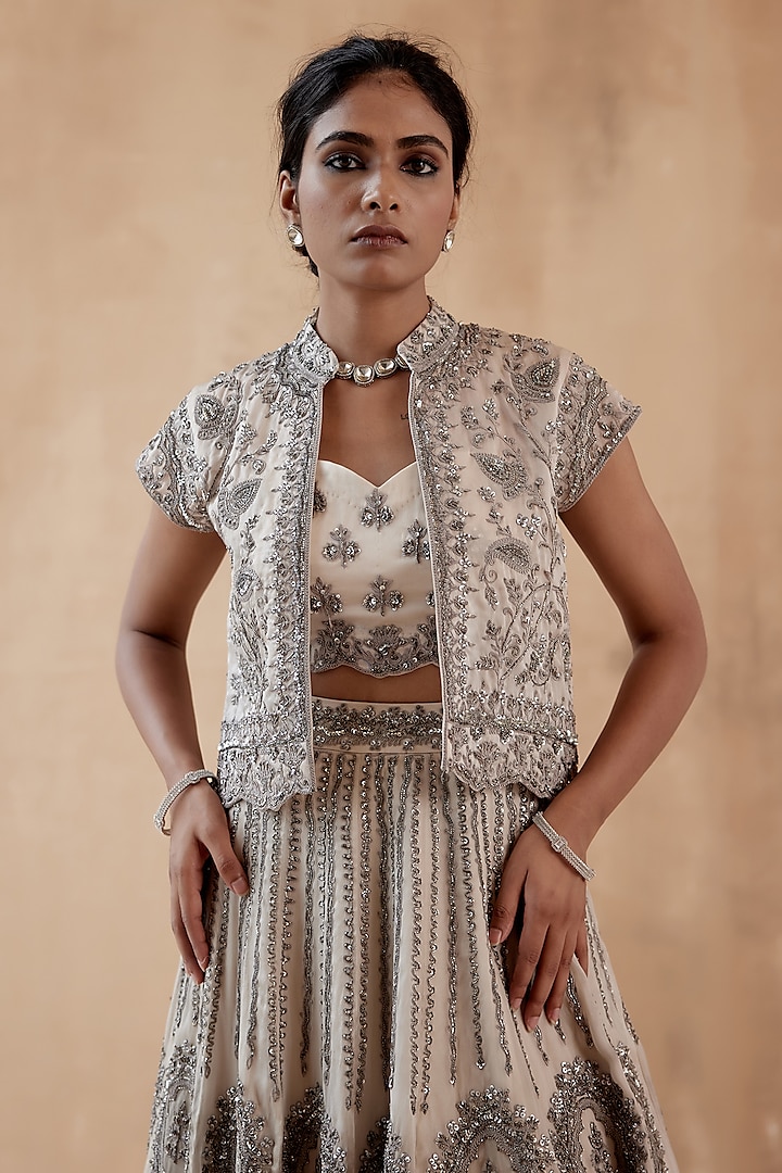 Grey Pure Organza Embellished Jacket Bridal Lehenga Set by AMAN TAKYAR at Pernia's Pop Up Shop