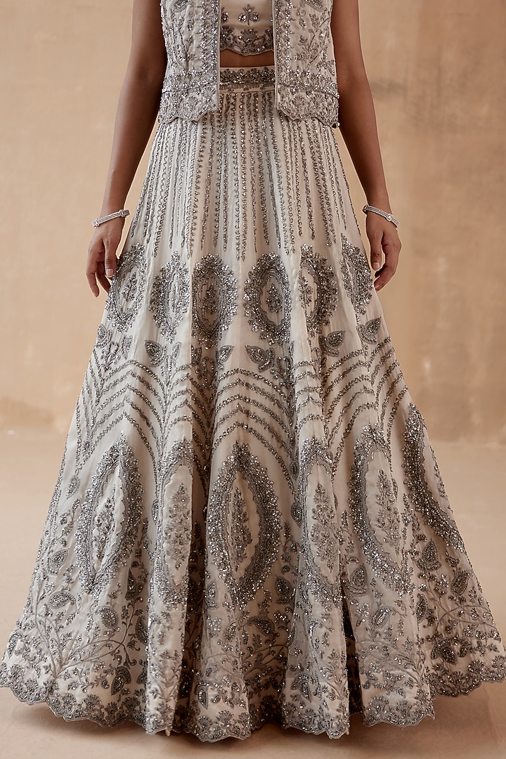 Grey Pure Organza Embellished Jacket Bridal Lehenga Set by AMAN TAKYAR at Pernia's Pop Up Shop