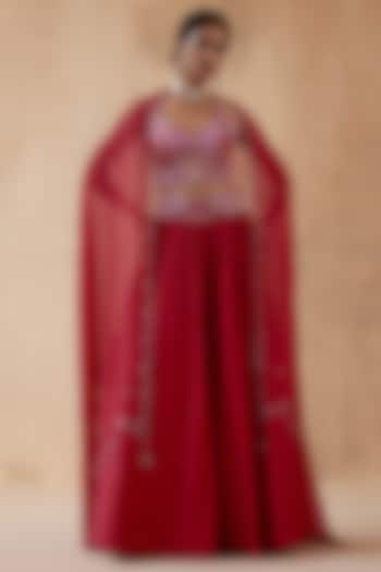 Red Pure Georgette Embellished Lehenga Set by AMAN TAKYAR