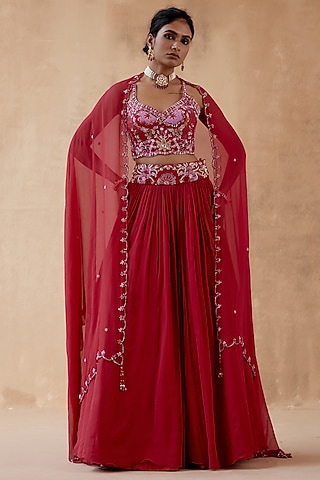 Red Pure Georgette Embellished Lehenga Set by AMAN TAKYAR