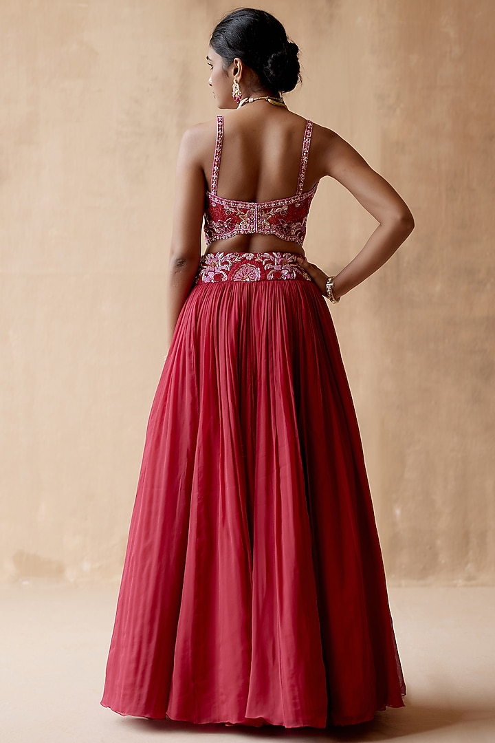 Red Pure Georgette Embellished Wedding Lehenga Set by AMAN TAKYAR at Pernia's Pop Up Shop