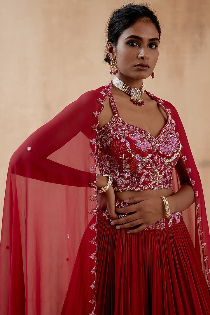 Red Pure Georgette Embellished Wedding Lehenga Set by AMAN TAKYAR at Pernia's Pop Up Shop