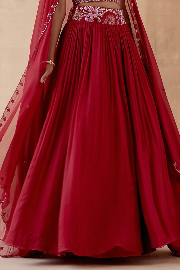 Red Pure Georgette Embellished Wedding Lehenga Set by AMAN TAKYAR at Pernia's Pop Up Shop