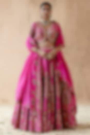 Hot Pink Dupion Silk Embellished Bridal Lehenga Set by AMAN TAKYAR at Pernia's Pop Up Shop