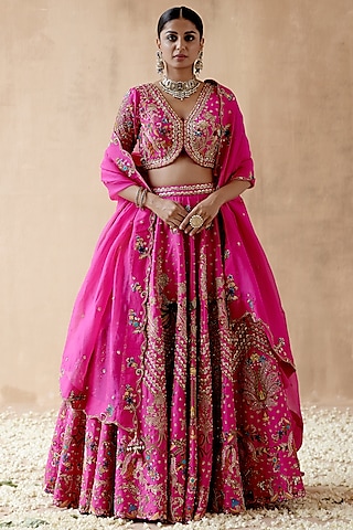 Hot Pink Dupion Silk Embellished Lehenga Set by AMAN TAKYAR