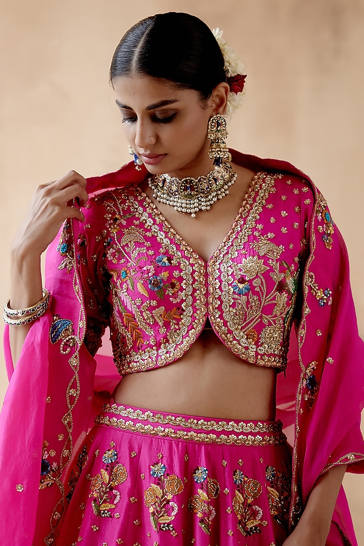 Hot Pink Dupion Silk Embellished Bridal Lehenga Set by AMAN TAKYAR at Pernia's Pop Up Shop