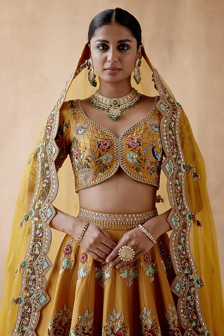 Mustard Dupion Silk Embellished Bridal Lehenga Set by AMAN TAKYAR at Pernia's Pop Up Shop