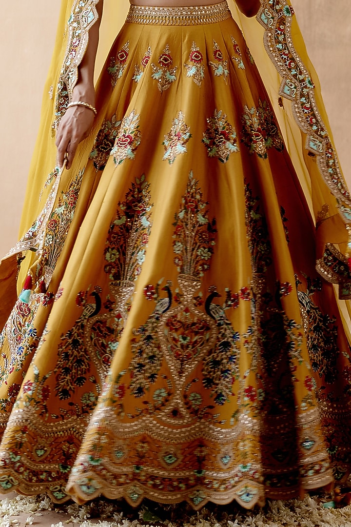 Mustard Dupion Silk Embellished Bridal Lehenga Set by AMAN TAKYAR at Pernia's Pop Up Shop
