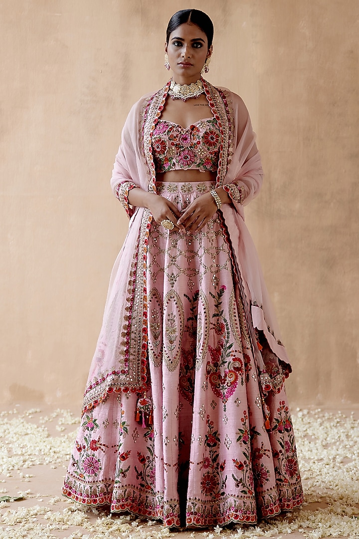 Pink Raw Silk Embellished Lehenga Set by AMAN TAKYAR at Pernia's Pop Up Shop