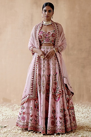 Pink Raw Silk Embellished Lehenga Set by AMAN TAKYAR