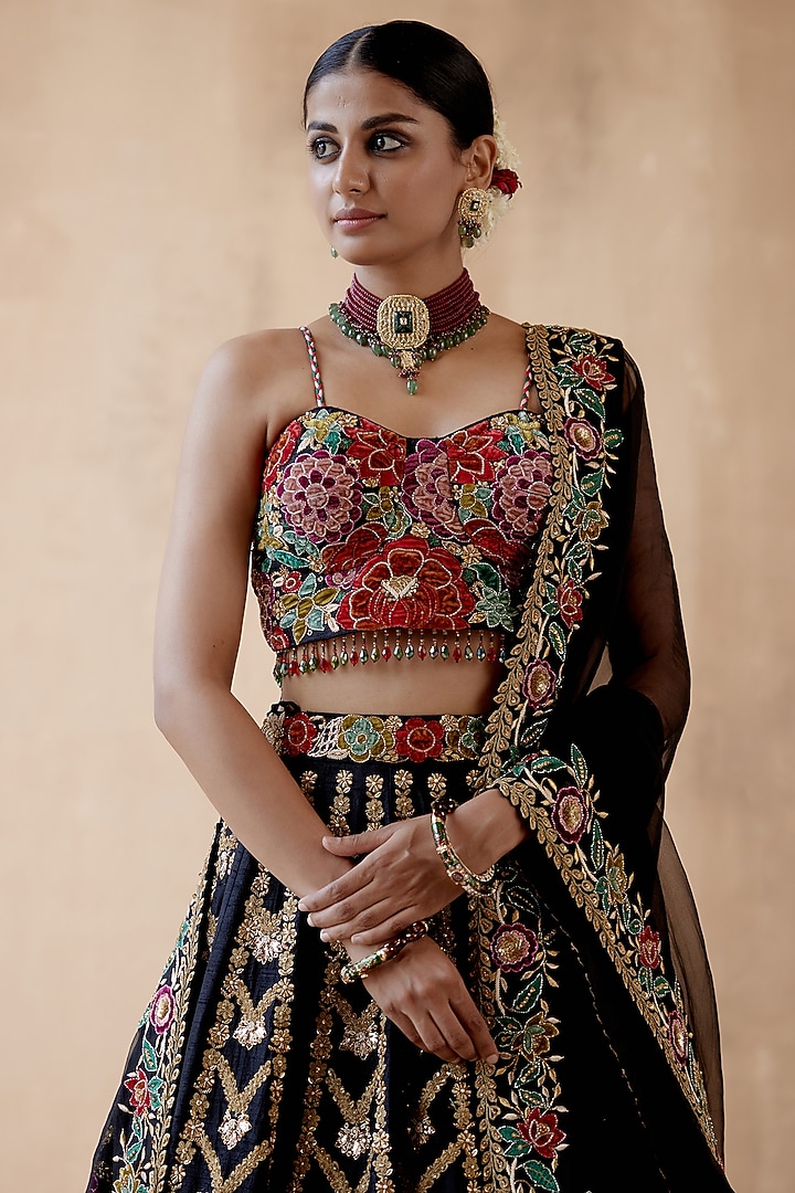 Black Raw Silk Embellished Bridal Lehenga Set by AMAN TAKYAR at Pernia's Pop Up Shop