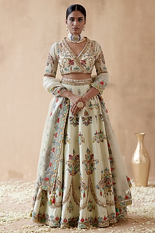 Mint Green Dupion Silk Embellished Lehenga Set by AMAN TAKYAR