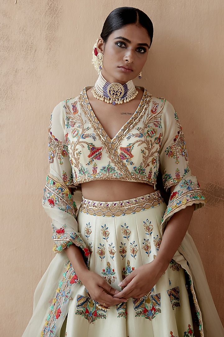 Mint Green Dupion Silk Embellished Bridal Lehenga Set by AMAN TAKYAR at Pernia's Pop Up Shop