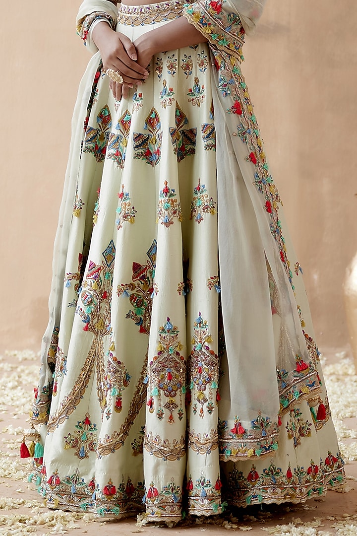 Mint Green Dupion Silk Embellished Bridal Lehenga Set by AMAN TAKYAR at Pernia's Pop Up Shop