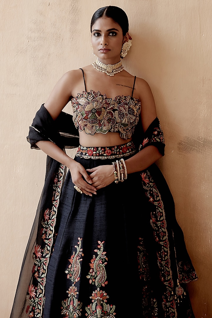 Black Raw Silk Embellished Bridal Lehenga Set by AMAN TAKYAR at Pernia's Pop Up Shop